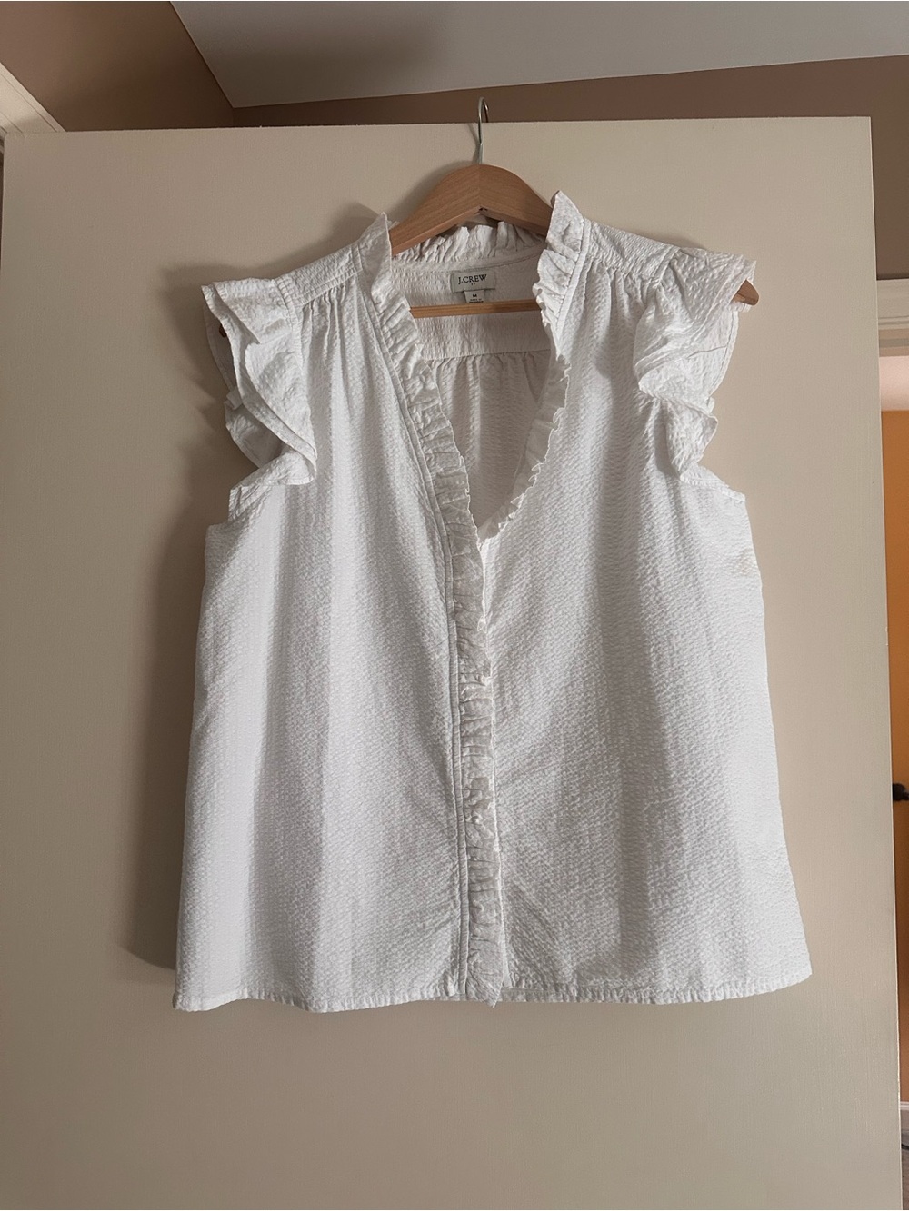 J. Crew White Textured Ruffle Cap-Sleeve Blouse